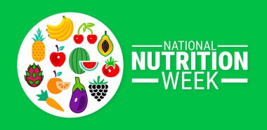 Ulusal Beslenme Haftası arka planı, afiş, kart veya poster tasarım şablonu, görev hakkındaki farkındalığı artırmak amacıyla Eylül ayı boyunca her yıl gözlemlenmektedir. Vektör illüstrasyonu.