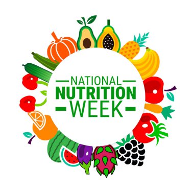 Ulusal Beslenme Haftası arka planı, afiş, kart veya poster tasarım şablonu, görev hakkındaki farkındalığı artırmak amacıyla Eylül ayı boyunca her yıl gözlemlenmektedir. Vektör illüstrasyonu.