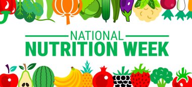 Ulusal Beslenme Haftası arka planı, afiş, kart veya poster tasarım şablonu, görev hakkındaki farkındalığı artırmak amacıyla Eylül ayı boyunca her yıl gözlemlenmektedir. Vektör illüstrasyonu.