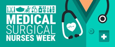 Görevle ilgili farkındalığı artırmak amacıyla her yıl Kasım ayında cerrahi hemşirelerin haftalık geçmişi, afişi, afişi veya poster tasarım şablonu gözlemlenir. Vektör illüstrasyonu.