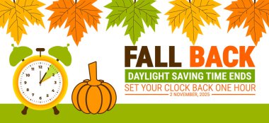 Geri çekilin. Yaz saati 2025 arkaplan veya afiş tasarım şablonu sona erer. Gün Işığı Tasarruf Zamanı bitti. Saat 2 Kasım 2025 'te bir saat geri gidiyor. Konsept afişini geri çek. Vektör