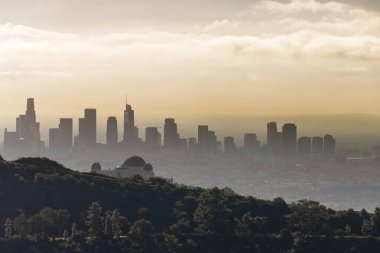 Griffith Gözlemevi 'nin, Kuzeybatı Los Angeles' taki en büyük halk parkı olan Griffith Parkı 'nın tepesindeki ikonik Griffith Gözlemevi' ni gösteren hayranlık uyandırıcı bir fotoğraf. Çarpıcı mimarisi ve...