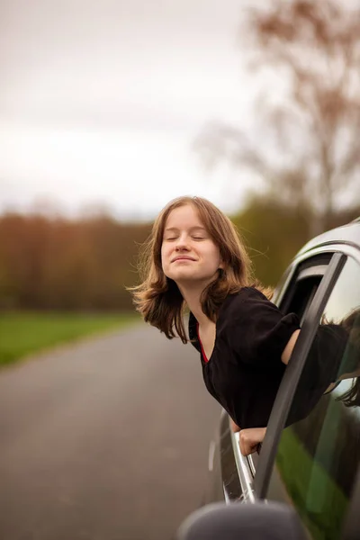 Happy Girl Looks Out Car Window Closing Her Eyes Summer — Stock Photo, Image