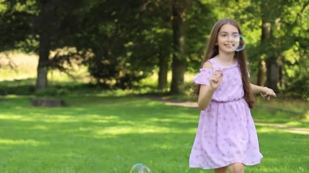 Κορίτσι Που Πιάνει Σαπουνόφουσκες Στο Πάρκο — Αρχείο Βίντεο