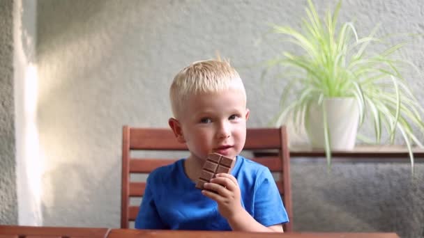 Kleine Jongen Die Thuis Chocolade Eet Met Een Plant Achtergrond — Stockvideo
