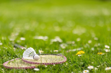 İki badminton raketi ve yeşil çimlerin üzerinde bir servis horozu var. Açık hava eğlencesi ve temiz hava. Güneş ışınları. Badminton oynamak için çim.
