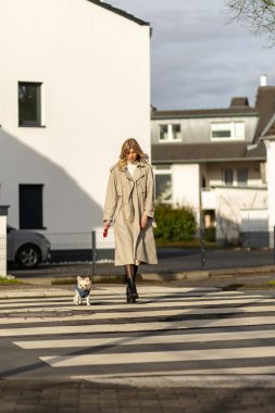 Uzun bir trençkot giymiş bir kadın köpeğiyle yaya geçidinde güven içinde geziniyor. Günes, arka planda modern evlerin oldugu sessiz bir yerleşim bölgesinde parlar..