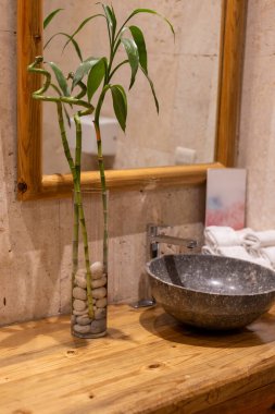 Bambu sapları pürüzsüz taşlarla dolu cam bir vazoda yükselir, şık bir banyodaki parlak bir taş havzanın yanındaki ahşap bir tezgahın üzerine yerleştirilir. Doğal malzemeler atmosferi güçlendirir.
