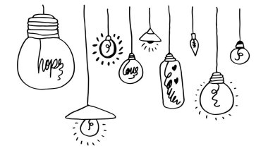 Fikir kavramı ile el çizilmiş ampul simgeleri. Doodle tarzı. Vektör Illustration.