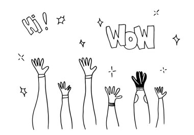 Beyaz arkaplanda alkış çizimi. Merhaba vektör illüstrasyonlu..