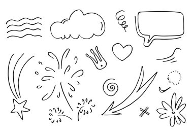 El çizimi elementler, beyaz arka planda siyah. çiçekler, bulutlar, oklar, kalpler, ışık, konuşma balonu, monarşiler, vurgu, girdap, konsept tasarımı için.