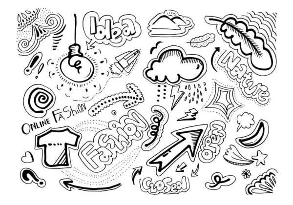 Handgetekende Doodle Creatieve Kunsten Zoals Wolken Shirts Bollen Pijlen Bladeren — Stockvector
