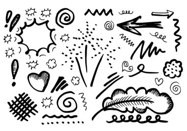 El çizimi ögesi, siyah üzerine beyaz arkaplan. Yapraklar, konuşma balonu, kalp, ışık, oklar, vurgu, girdap, konsept tasarımı için.