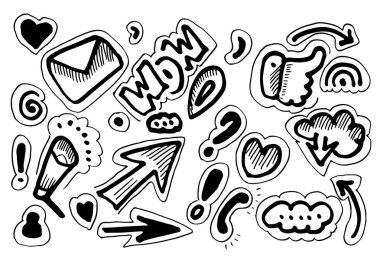 Sosyal Medya temasındaki nesneler ve sembollerin karalama kümesi.