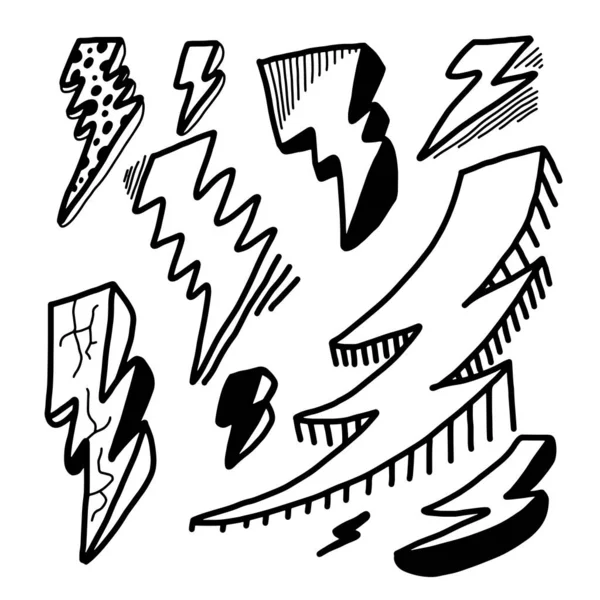 Jeu Illustrations Croquis Symbole Foudre Électrique Dessiné Main Vectoriel Doodle — Image vectorielle