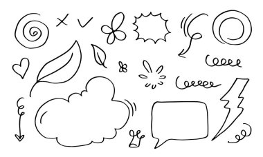 El çizimi ögesi, siyah üzerine beyaz arkaplan. Ok, yapraklar, konuşma balonu, kalp, ışık, kral, vurgu, girdap, konsept tasarımı için.