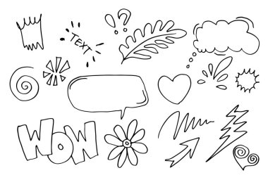 Yapraklar, kalpler, soyut, kurdeleler, oklar ve konsept tasarımlar için el yapımı diğer elementler. Karalama çizimi. Dekorasyon için vektör şablonu