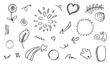 El çizimi elementler, beyaz arka planda siyah. Ok, kalp, aşk, yıldız, yaprak, daire, işaret, ışık, çiçek, taç, Swishes, baskın, girdap, kalp, konsept tasarım için.