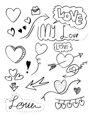 Sevgi seti. El çizimi. Doodle tarzı. tasarımınız için.