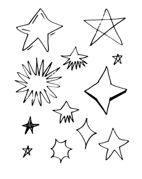 Handgezeichnete Sterne Gesetzt Star Doodles Sammlung Auf Weißem Hintergrund — Stockvektor