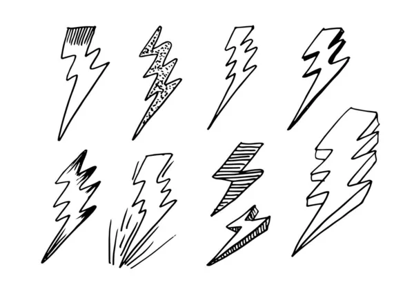 Conjunto Mão Desenhado Vetor Doodle Elétrico Relâmpago Símbolo Esboço Ilustrações — Vetor de Stock