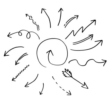 Karalama tasarım elementleri. El çizimleri beyaz arka planda izole edilmiş oklar. Vektör illüstrasyonu