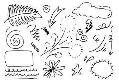 El çizimi elementler, beyaz arka planda siyah. bulut, çiçek, yapraklar, konuşma balonu, kalp, ışık, kral, yıldız, vurgu, girdap, konsept tasarımı için.