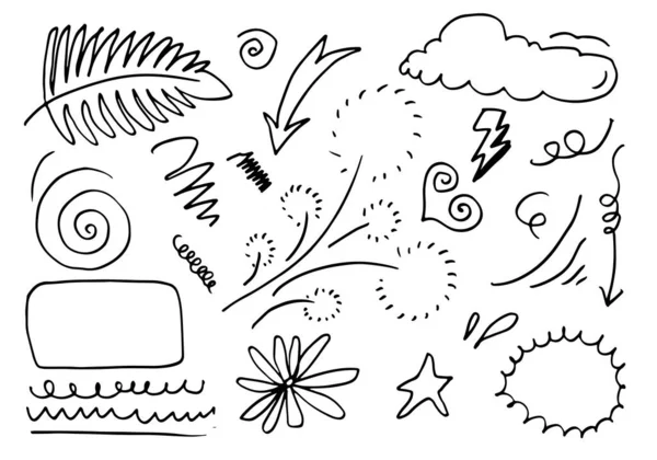 Handgezeichnete Set Elemente Schwarz Auf Weißem Hintergrund Wolke Blume Blätter — Stockvektor