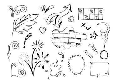 El çizimi elementler, beyaz arka planda siyah. Duvar, Ok, kalp, aşk, yıldız, yaprak, daire, işaret, ışık, çiçek, taç, Swishes, swoops, vurgu, girdap, konsept tasarımı için konuşma balonu.