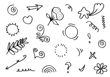 El çizimi elementler, beyaz arka planda siyah. Ok, kalp, aşk, yıldız, yaprak, güneş, ışık, çiçek, işaret, Swishes, vurgu, girdap, kalp, konsept tasarım için.