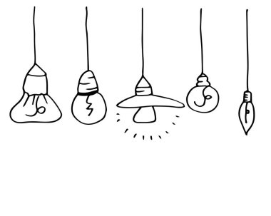 Ampul fikir kavramı Icons set doodles. Vektör çizim.