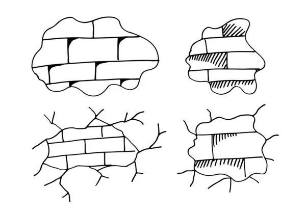 Hand Drawn Set Cracked Brick Walls Vector Illustration — Stock Vector