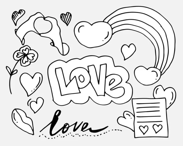 Hand Drawn Doodles Set Valentine Day Collection Beautiful Hearts Writings — Stock Vector