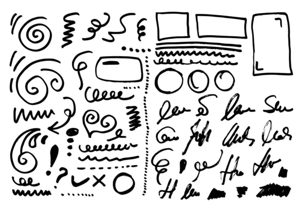 Conjunto Símbolos Vetoriais Abstratos Desenhados Mão Corações Círculos Quadros Marcadores — Vetor de Stock