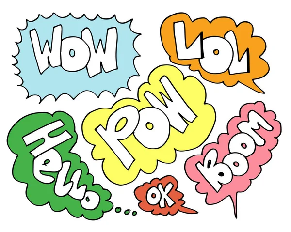 Handgezeichnete Sprechblasen Mit Handgeschriebenen Kurzen Phrasen Wow Lol Pow Hallo — Stockvektor