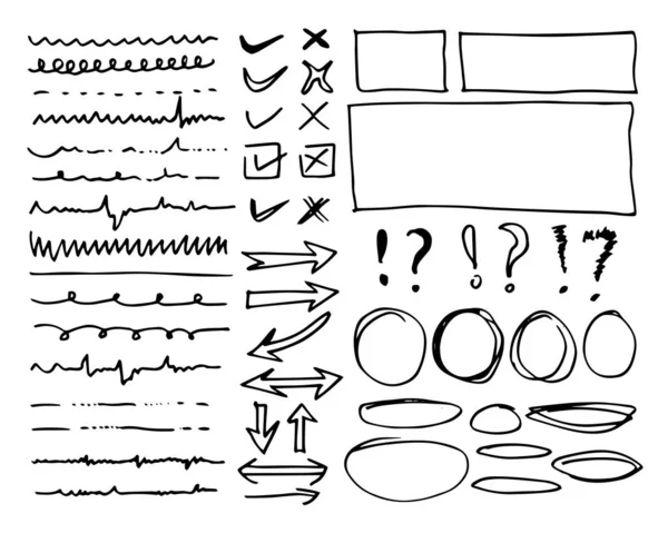 Lignes Vectorielles Courbes Doodle Signes Vérification Flèches Dessinés Main Ensemble — Image vectorielle