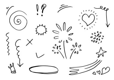 El çizimi elementler, beyaz arka planda siyah. Ok, kalp, aşk, yıldız, yaprak, güneş, ışık, taç, salıncak, darbe, vurgu, girdap, kalp, konsept tasarım için.