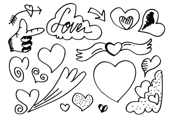 手描きベクトルイラスト 手と心とデザイン要素のための愛のテキスト — ストックベクタ