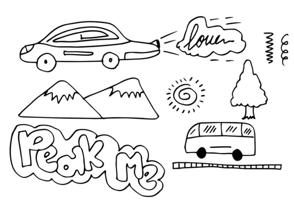 Leuke Jongens Doodle Tekening Met Auto Vrachtwagen Bomen Kies Tekst — Stockvector