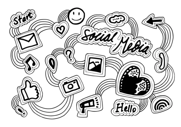Concetto Social Media Internet Tema Doodle Vector Illustrazione — Vettoriale Stock