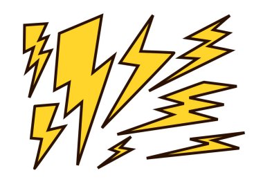 Şimşek çakın. Thunderbolt düz stili. Şimşek ve Şimşek Şimşek Şimşeği Simgeleri Beyaz arkaplanda Ayarlandı.