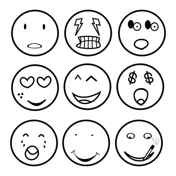 Set Garis Besar Emoticon Wajah Ikon Emoji Pada Latar Belakang - Stok Vektor