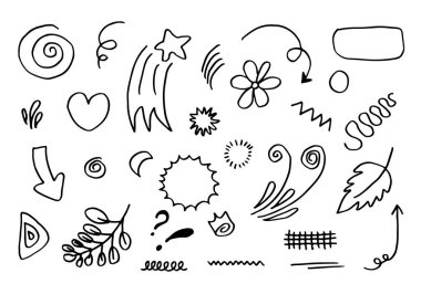 El çizimi elementler, beyaz arka planda siyah. Ok, kalp, aşk, yıldız, yaprak, güneş, ışık, çiçek, taç, kral, kraliçe, Swishes, swoops, vurgu, girdap, kalp, konsept tasarımı için.