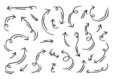 Karalama tasarım elementleri. El çizimleri beyaz arka planda izole edilmiş oklar. Vektör illüstrasyonu.