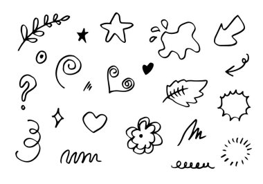 Yapraklar, kalpler, soyut, kurdeleler, oklar ve konsept tasarımlar için el yapımı diğer elementler. Karalama çizimi. Dekorasyon için vektör şablonu