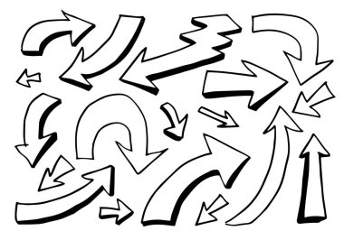 Karalama tasarım elementleri. El çizimleri beyaz arka planda izole edilmiş oklar. Vektör illüstrasyonu.