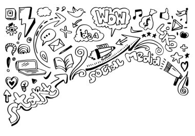 Vektör Hat sanatı Doodle çizgi film dizi nesneler ve simgeler sosyal medya konulu.