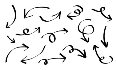 El çizimi siyah ok seti beyaz arkaplanda izole edildi. Doodle vektör illüstrasyonu.