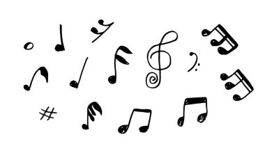 Sekiz nota istirahatı, yarım not, kiriş, otuz saniye nota, düz, müzik ve ince simge koleksiyonu gibi el çizimi simgelerini ayarla.