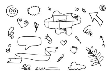 El çizimi elementler, beyaz arka planda siyah. Duvar, Ok, kalp, aşk, yıldız, yaprak, daire, ışık, çiçek, taç, Swishes, vurgu, girdap, konsept tasarımı için konuşma balonu.
